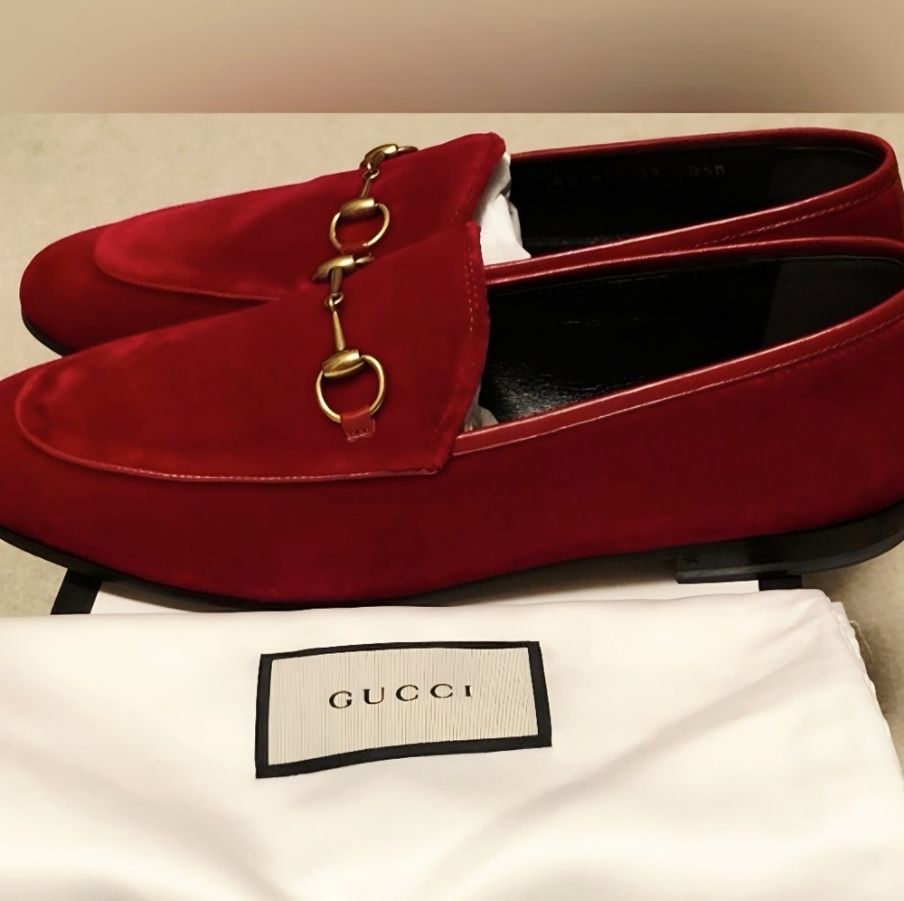 Gucci Velvet Hibiscus Jordaan Loafers Red 1953 Suede Gold Horsebit 39 8.5 NWOB - Picture 3 of 7